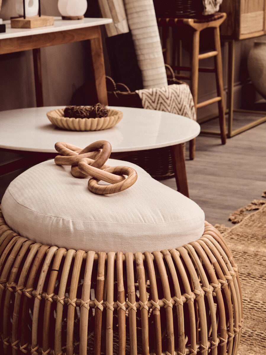 Myan Natural Acacia Wood and White Marble Round Coffee Table