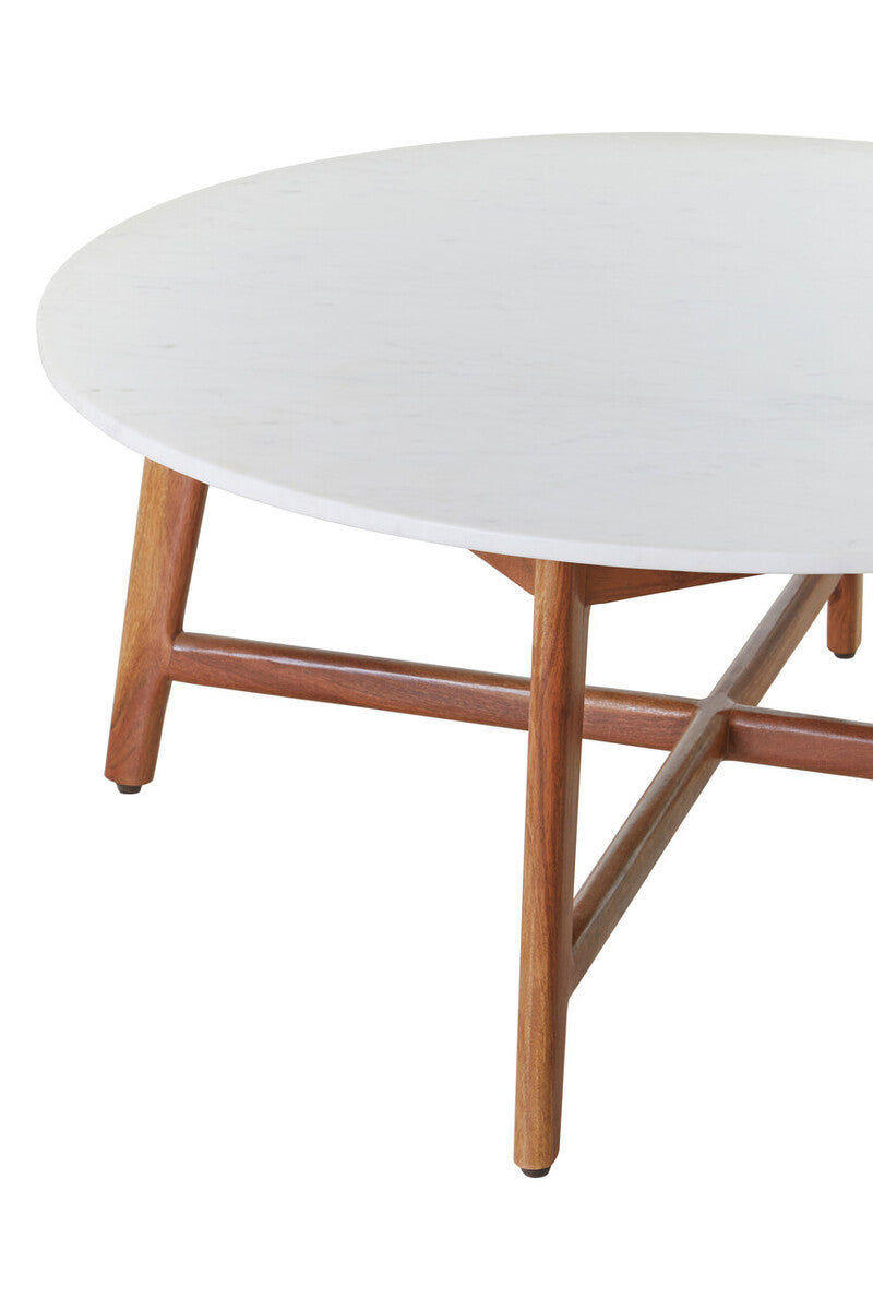 Myan Natural Acacia Wood and White Marble Round Coffee Table