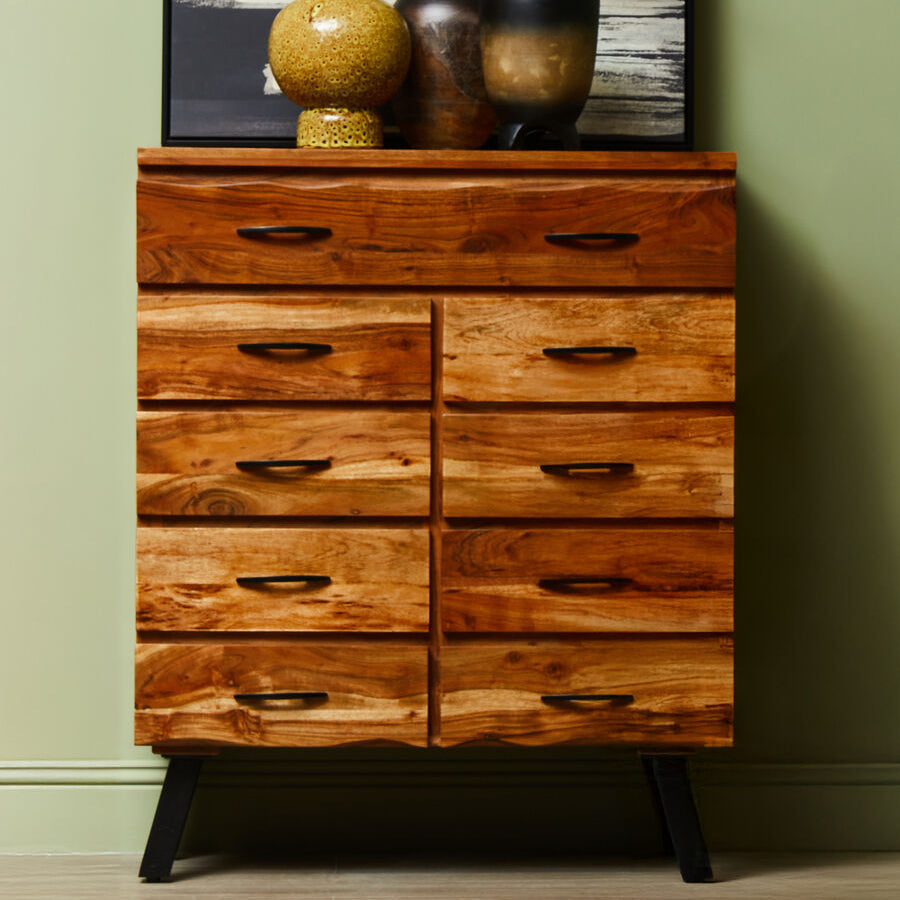 Nashik Natural Acacia Wood 9 Drawer Chest