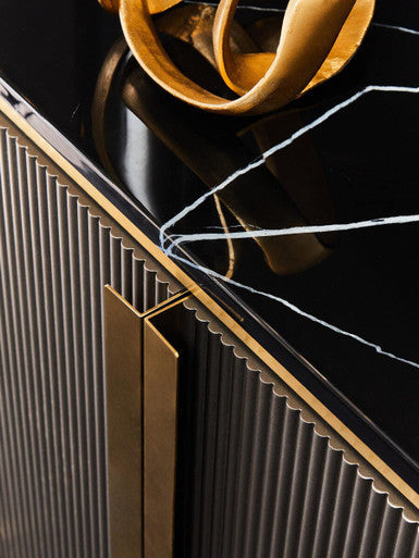 Dervio Black Marble and Grey Wood Effect 4 Door Sideboard