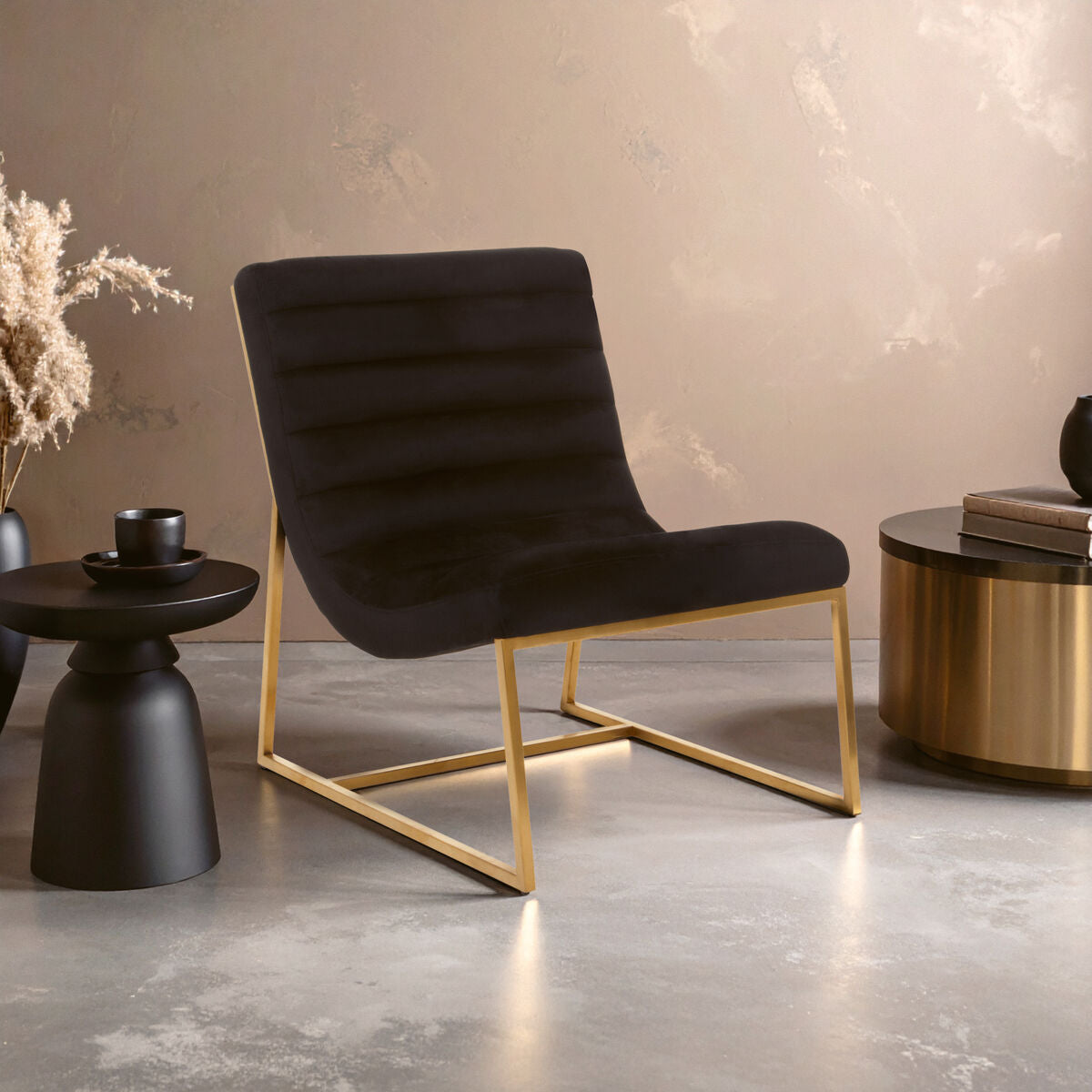 Vogue Black Velvet Channel Tufting Lounge Chair
