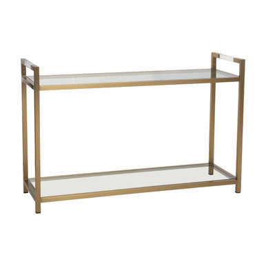 Matte Gold Stainless Steel Console Table with Clear Glass Top and Shelf | Vogue