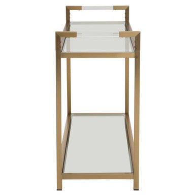 Matte Gold Stainless Steel Console Table with Clear Glass Top and Shelf | Vogue