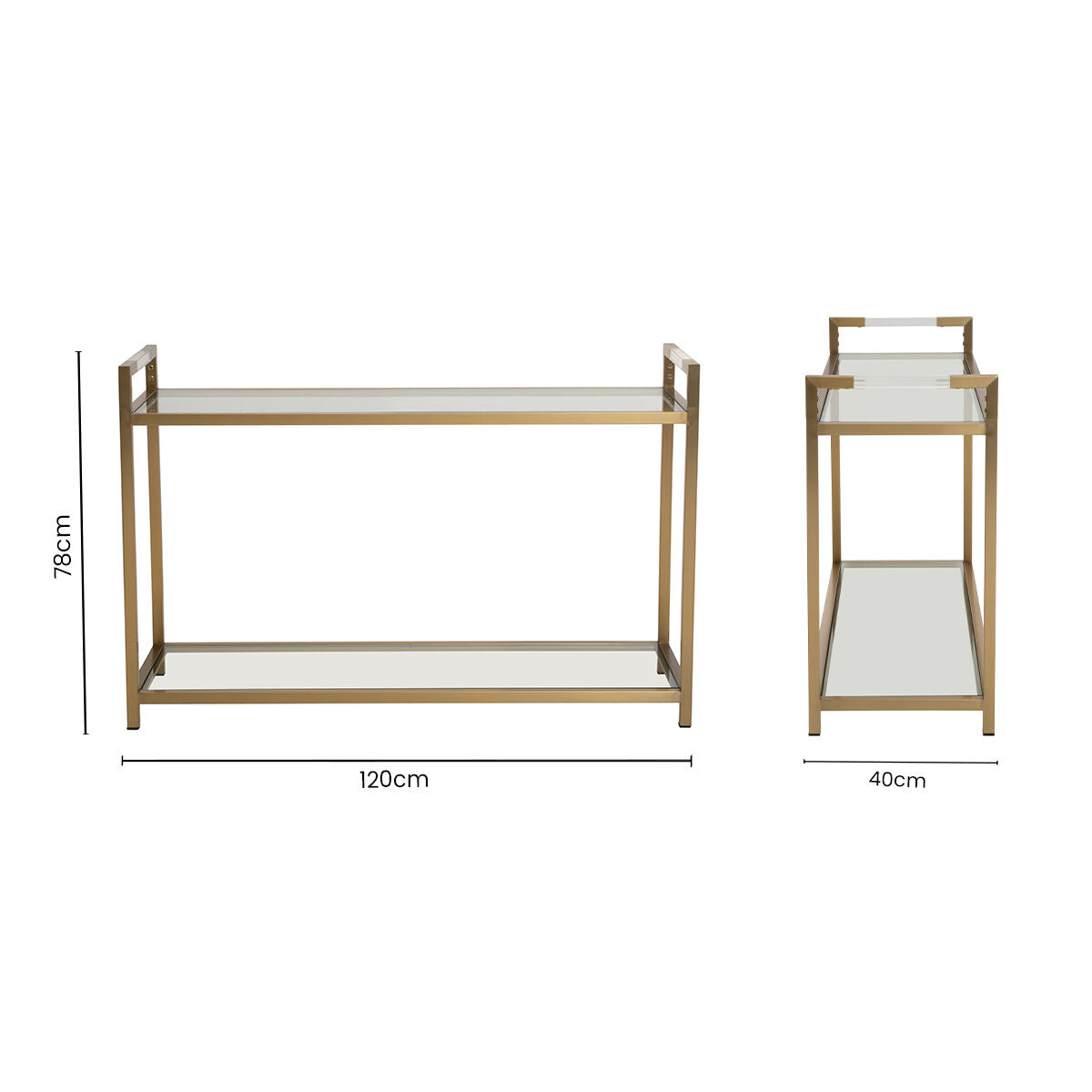 Matte Gold Stainless Steel Console Table with Clear Glass Top and Shelf | Vogue