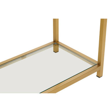 Matte Gold Stainless Steel Console Table with Clear Glass Top and Shelf | Vogue