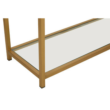 Matte Gold Stainless Steel Console Table with Clear Glass Top and Shelf | Vogue