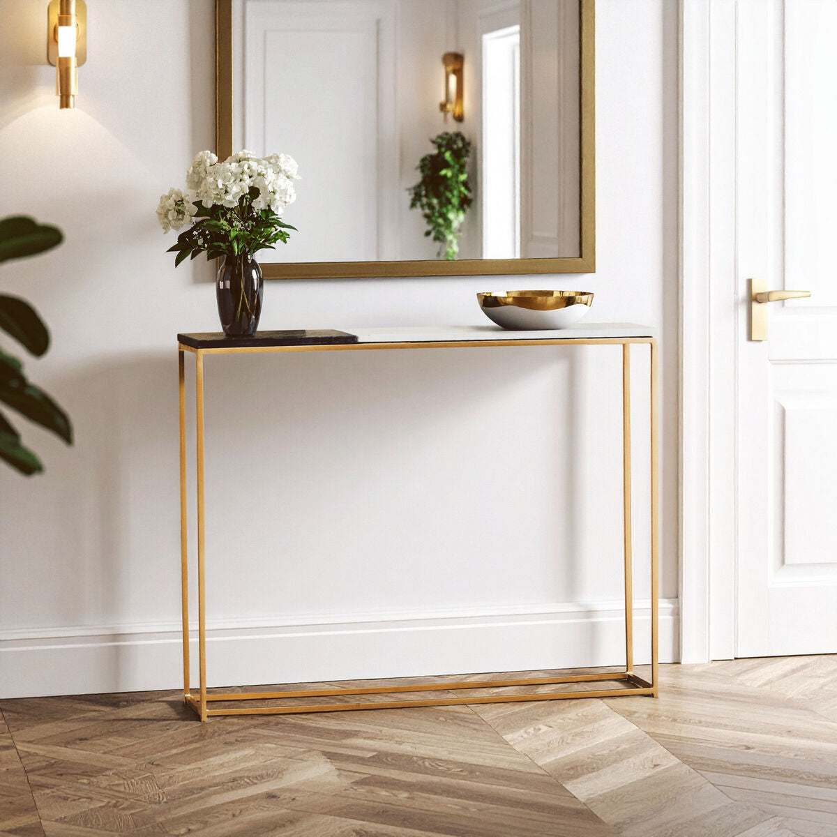 Corra Black and White Marble Console Table with Gold Finish Frame