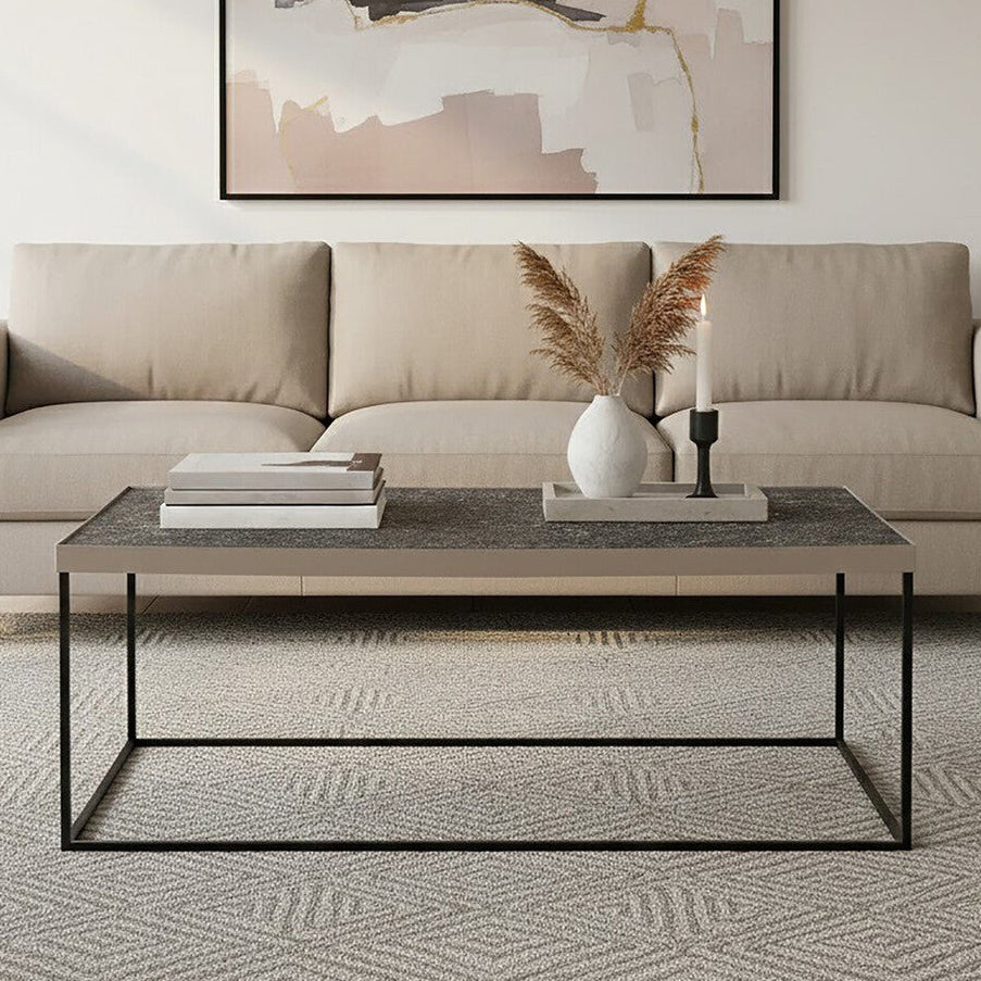 Akola Silver Metal and Glass Coffee Table with Black Legs