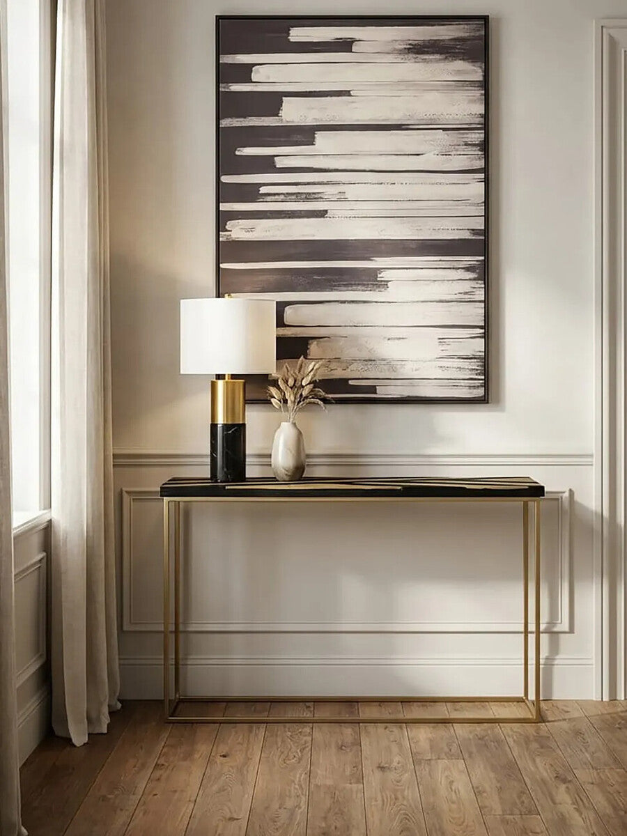 Aris Black Acacia Wood Console Table with Gold Inlay