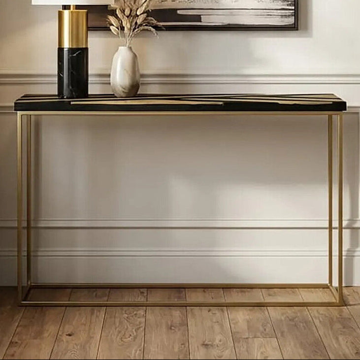 Aris Black Acacia Wood Console Table with Gold Inlay