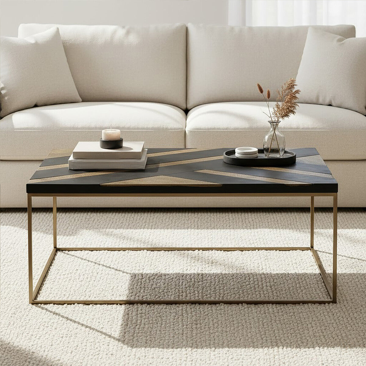Aris Black Acacia Wood Coffee Table with Gold Inlay