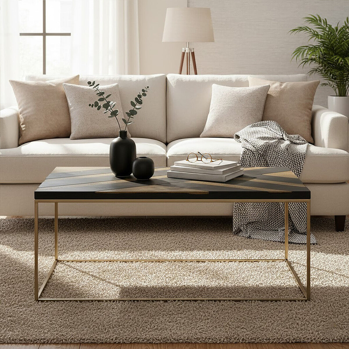 Aris Black Acacia Wood Coffee Table with Gold Inlay
