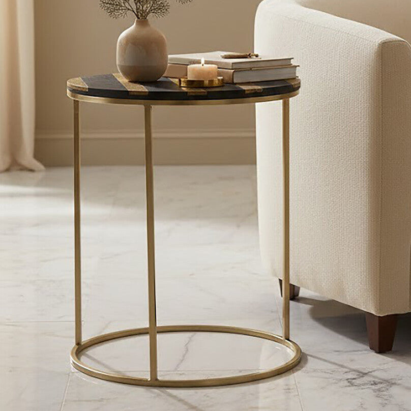 Aris Black Acacia Wood Side Table with Gold Inlay