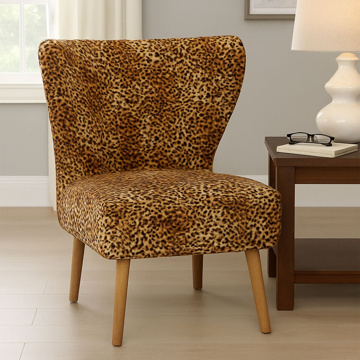 Cefena Black Leopard Print Velvet Chair with Mango Wood Legs