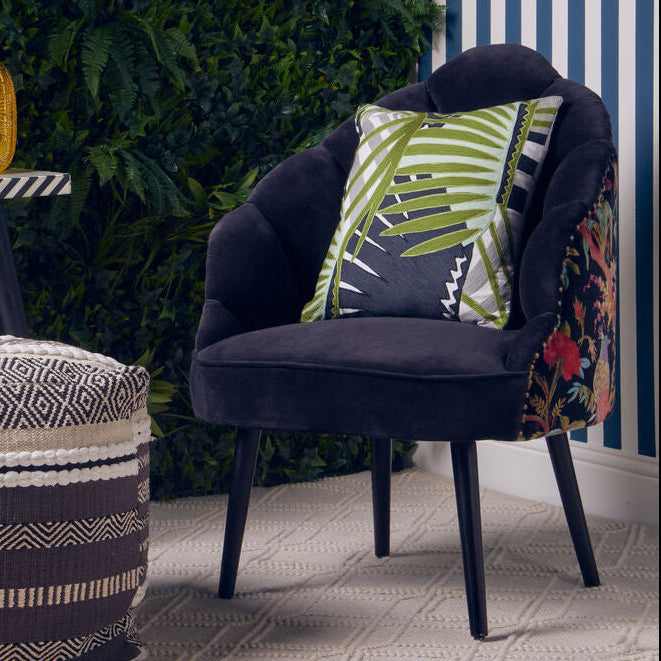 Cefena Black Scalloped Chair with Peacock Printed Back