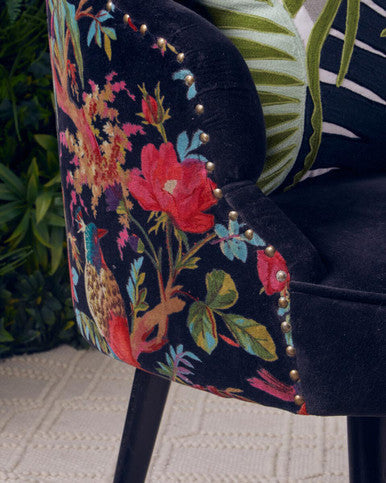 Cefena Black Scalloped Chair with Peacock Printed Back