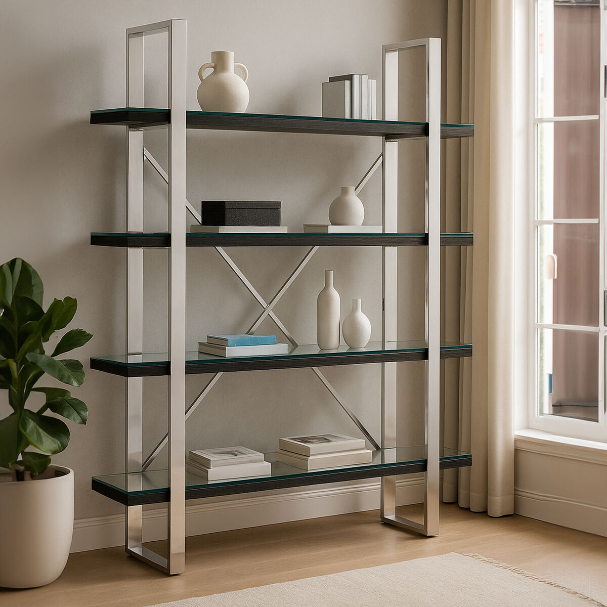Kerala Black Recycled Wood and Glass 4 Tier Shelf Unit