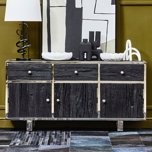 Black Recycled Wood 3 Door and 3 Drawer Sideboard