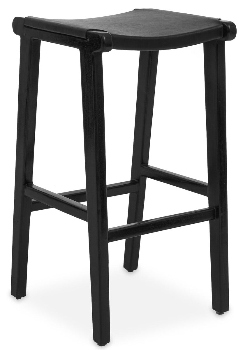 Kendari Black Leather and Teak Wood Bar Stool