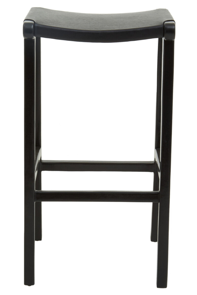 Kendari Black Leather and Teak Wood Bar Stool