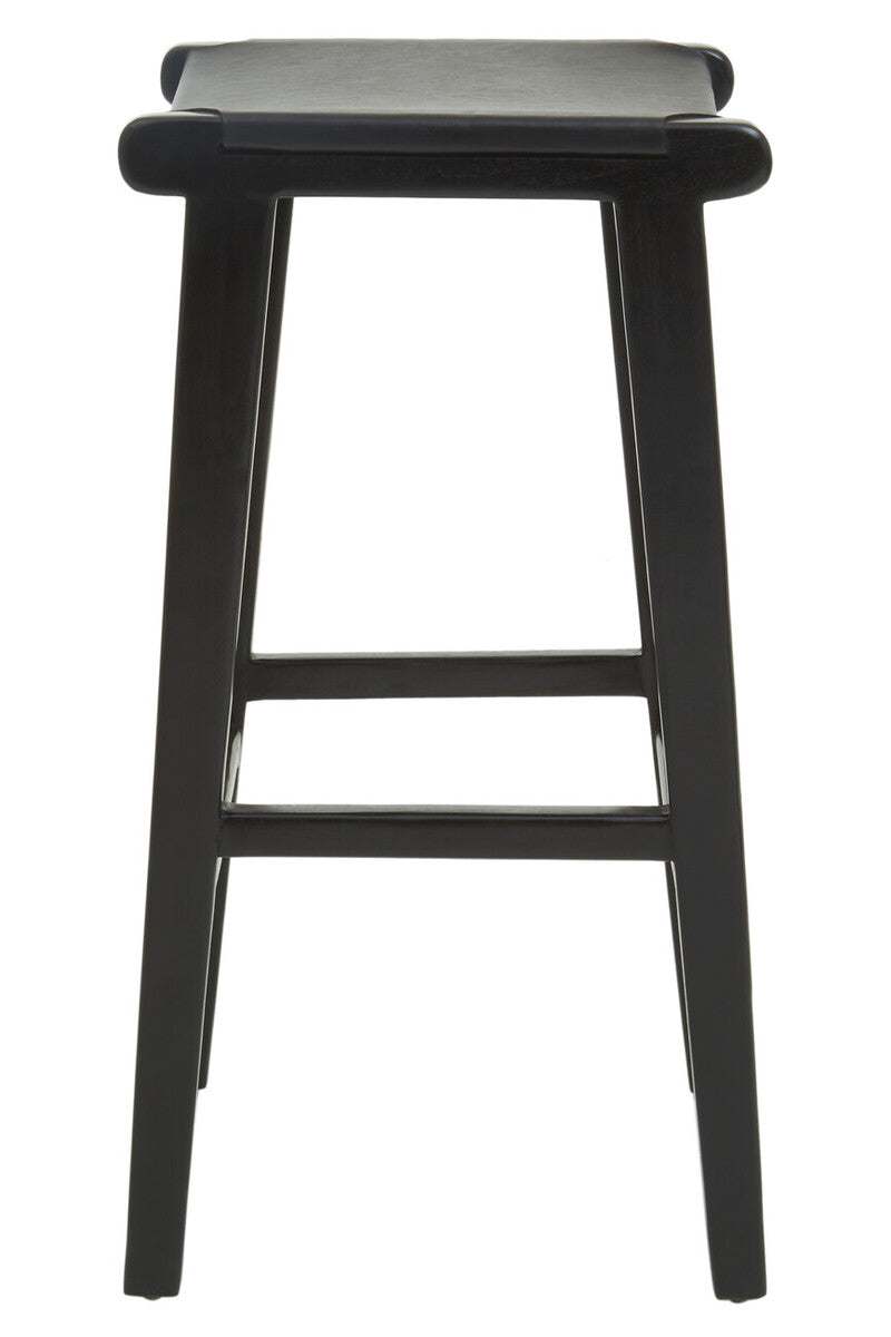 Kendari Black Leather and Teak Wood Bar Stool