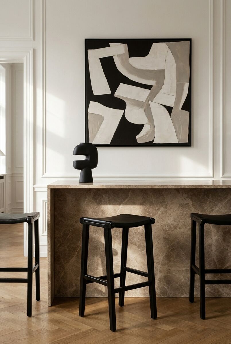 Kendari Black Leather and Teak Wood Bar Stool