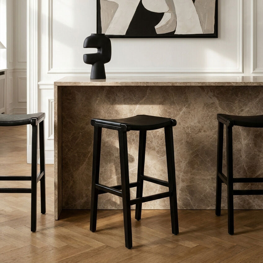 Kendari Black Leather and Teak Wood Bar Stool