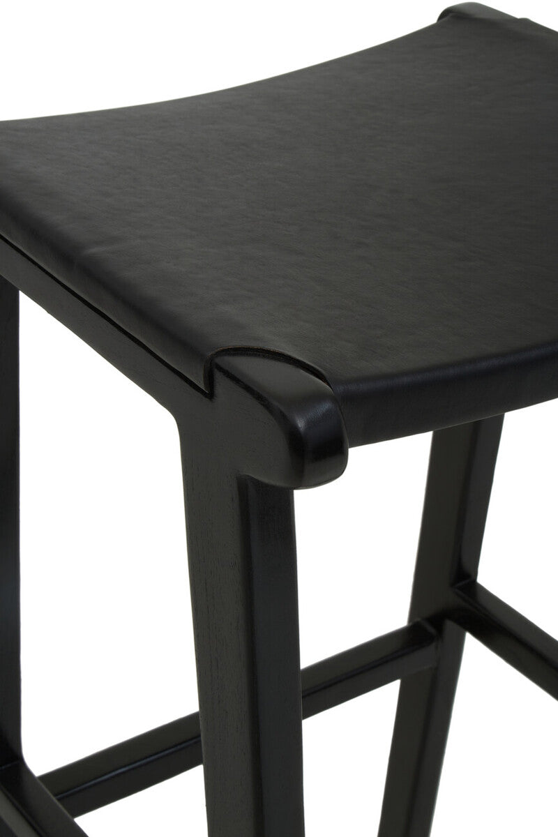 Kendari Black Leather and Teak Wood Bar Stool