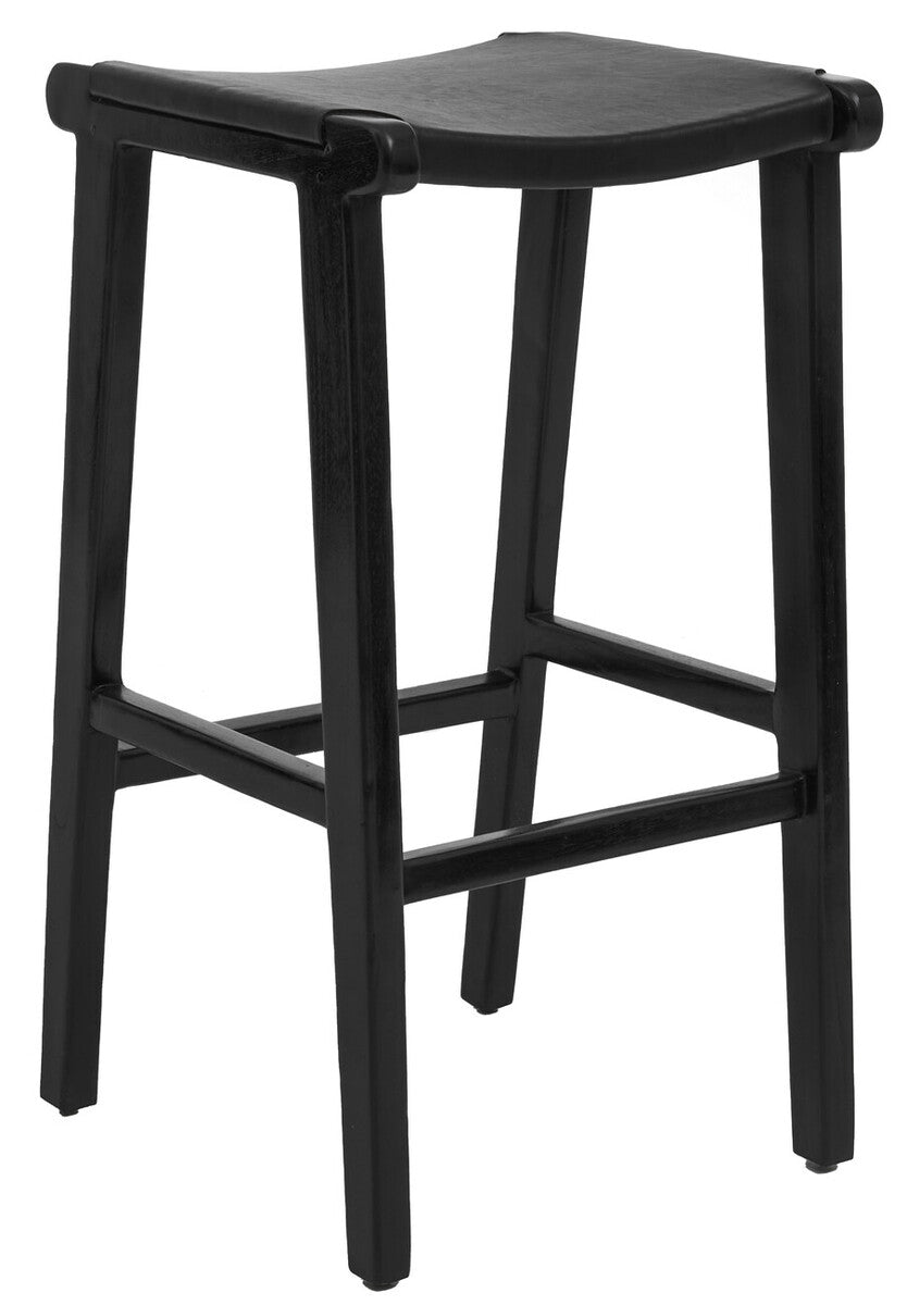 Kendari Black Leather and Teak Wood Bar Stool