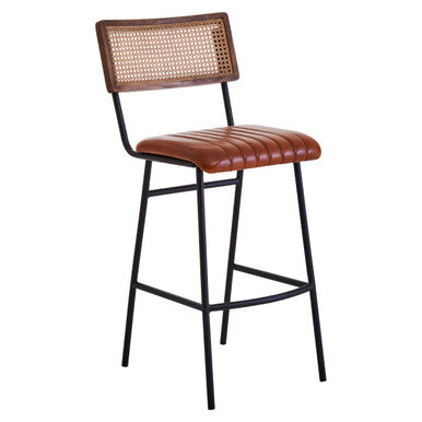 Buffalo Tan Leather Bar Chair with Rattan Back