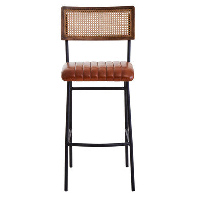 Buffalo Tan Leather Bar Chair with Rattan Back