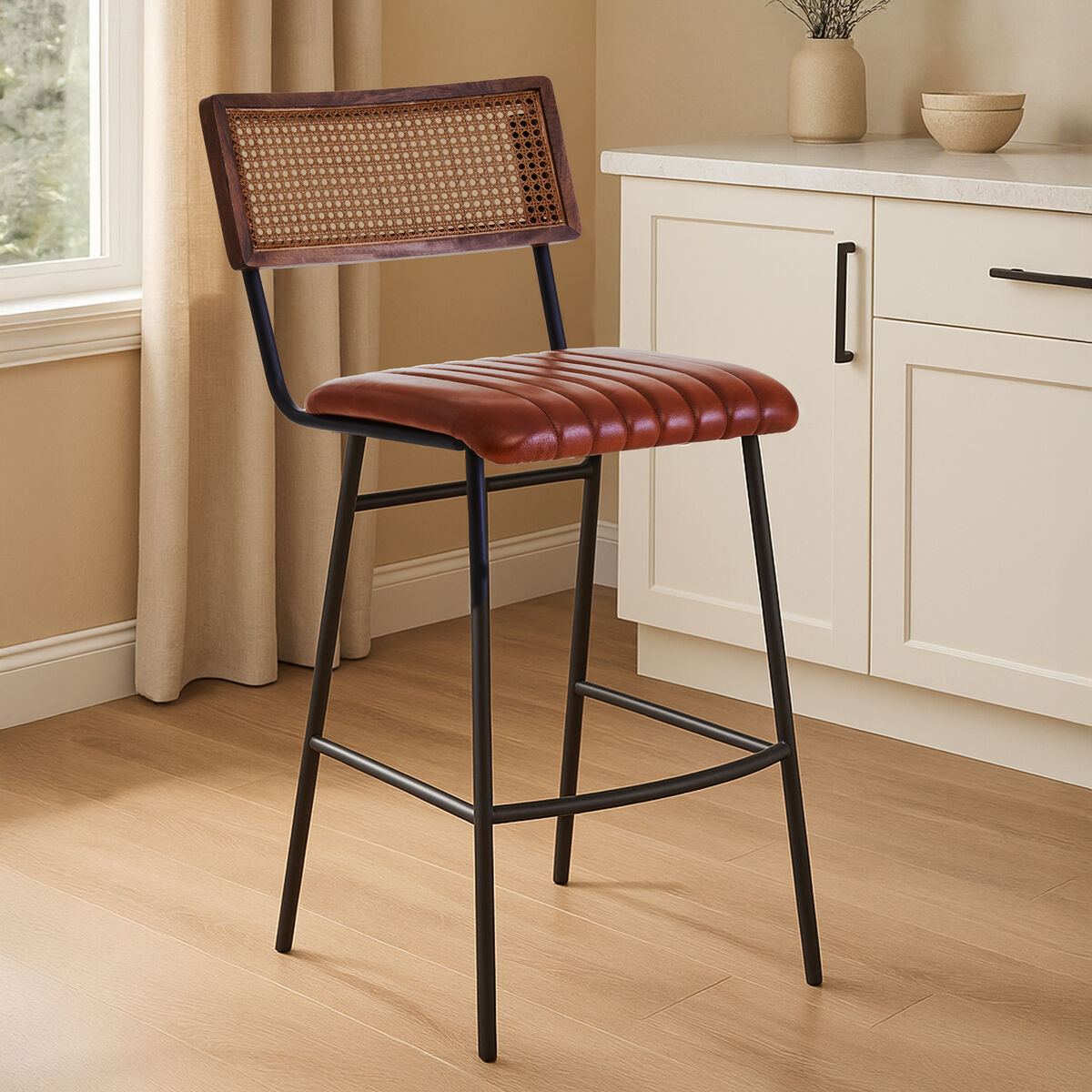Buffalo Tan Leather Bar Chair with Rattan Back