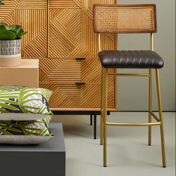 Buffalo Black Leather Bar Chair with Rattan Back