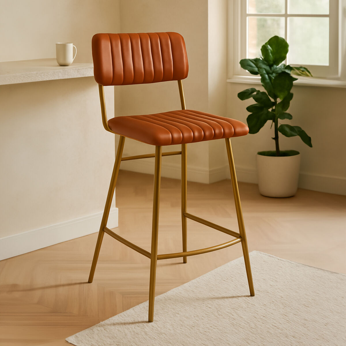 Buffalo Tan Leather Bar Chair with Gold Finish Frame