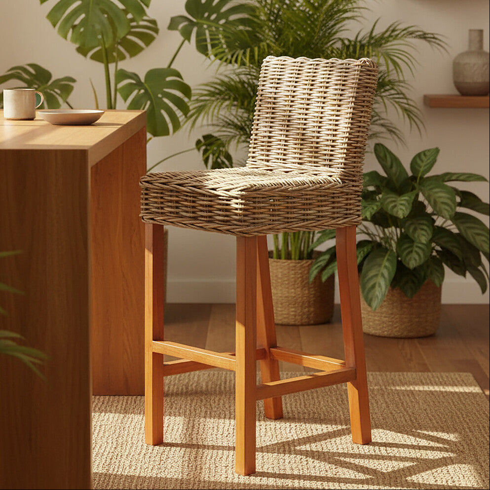 Java Grey Rattan Bar Chair with Wooden Frame