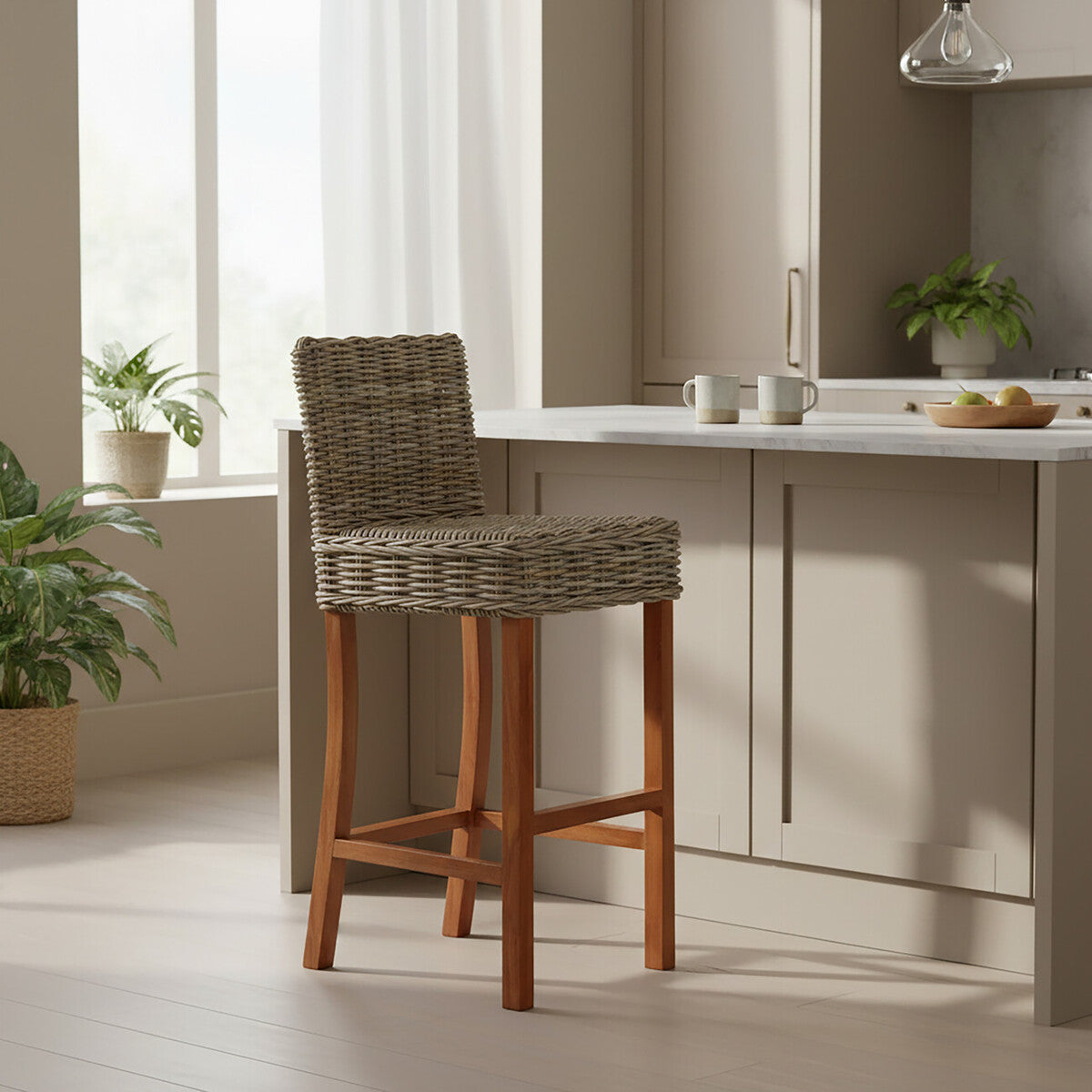 Java Grey Rattan Bar Chair with Wooden Frame