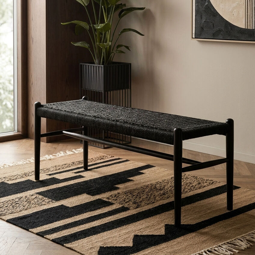 Cebu Black Woven Rope and Wooden Bench