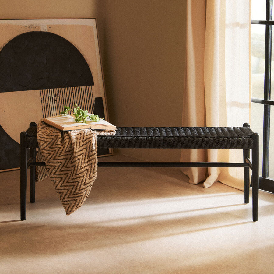 Cebu Black Woven Rope and Wooden Bench