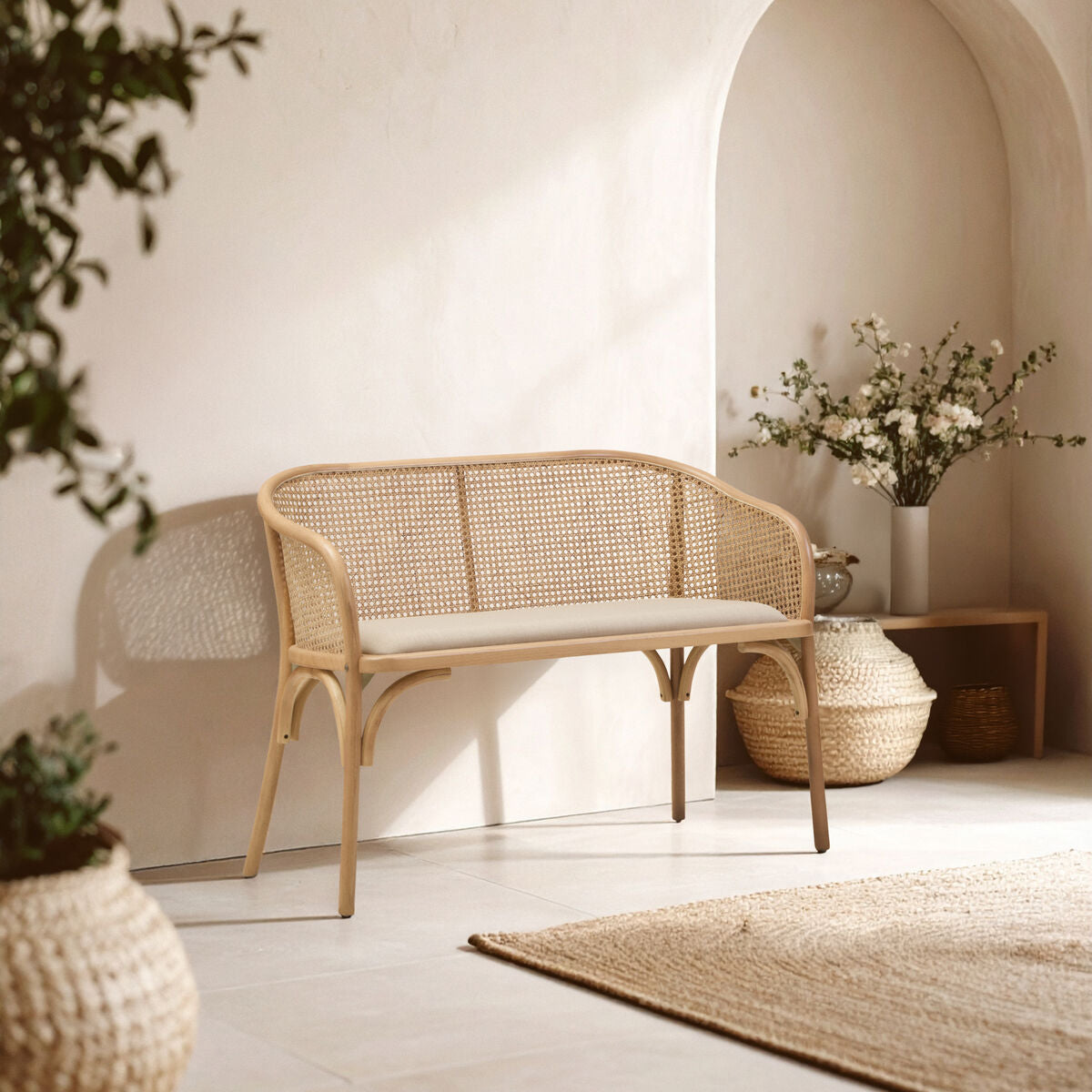 Cebu Natural Beech Wood Bench with Rattan Backrest
