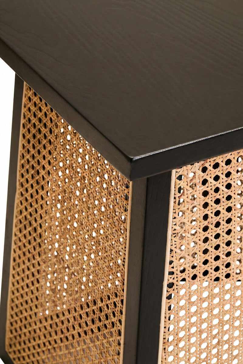 Cebu Black Wood and Natural Rattan Square Side Table