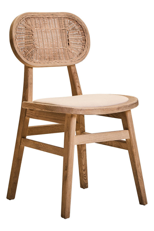 Grey Wash Wood and Rattan Dining Chair with Beige Seat