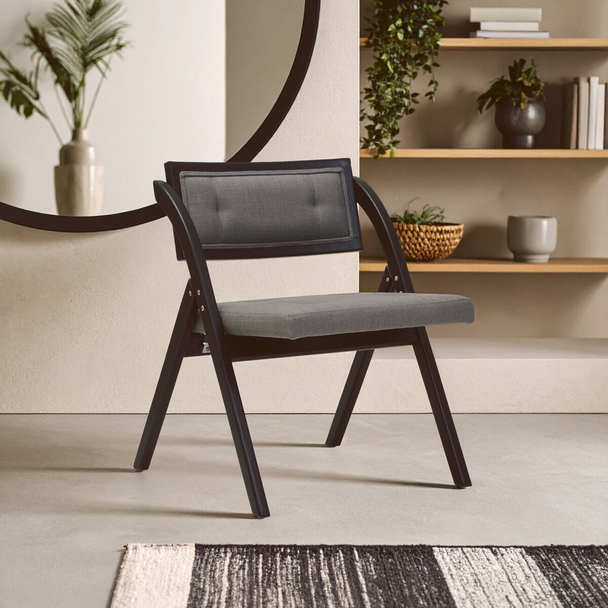 Cebu Black Wood Folding Chair with Grey Fabric Seat