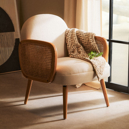 Cebu Ivory Fabric and Cane Chair with Elm Wood Legs