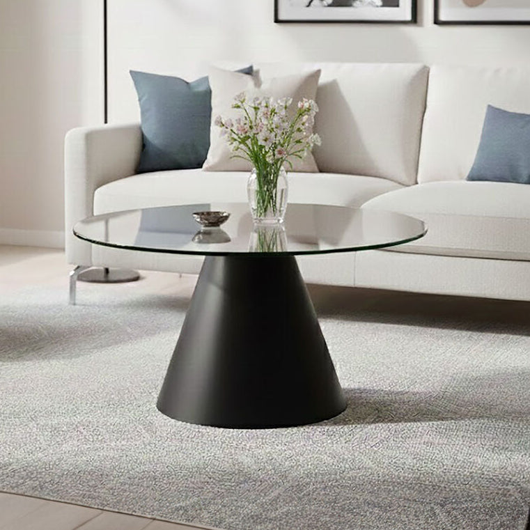 Azalea Clear Glass Round Coffee Table with Black Metal Base