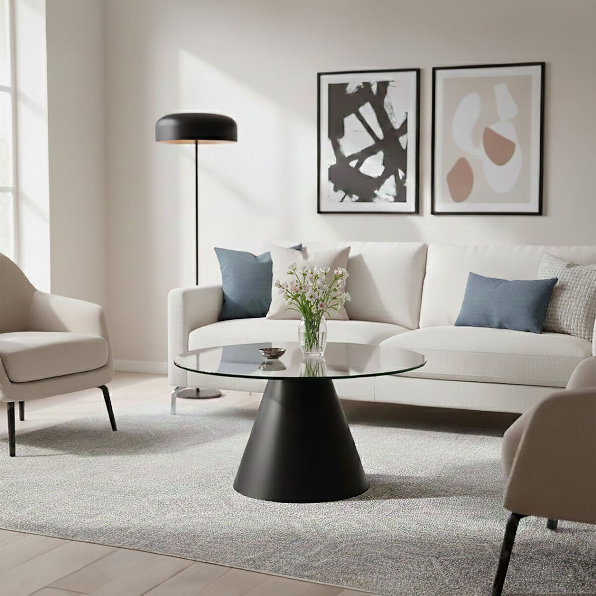 Azalea Clear Glass Round Coffee Table with Black Metal Base