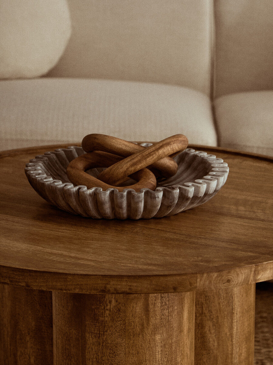 Natural Mango Wood Coffee Table with Column Base and Rounded Top | Walsa