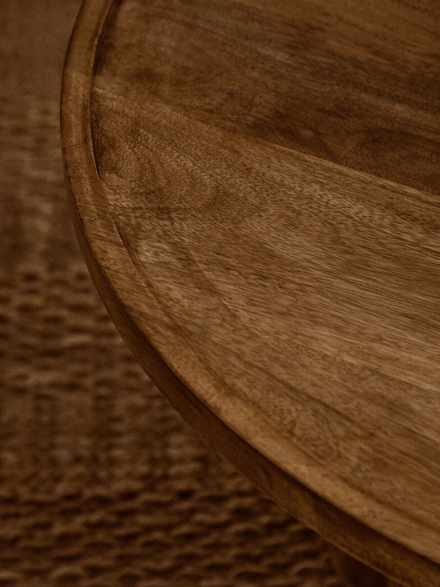 Natural Mango Wood Coffee Table with Column Base and Rounded Top | Walsa