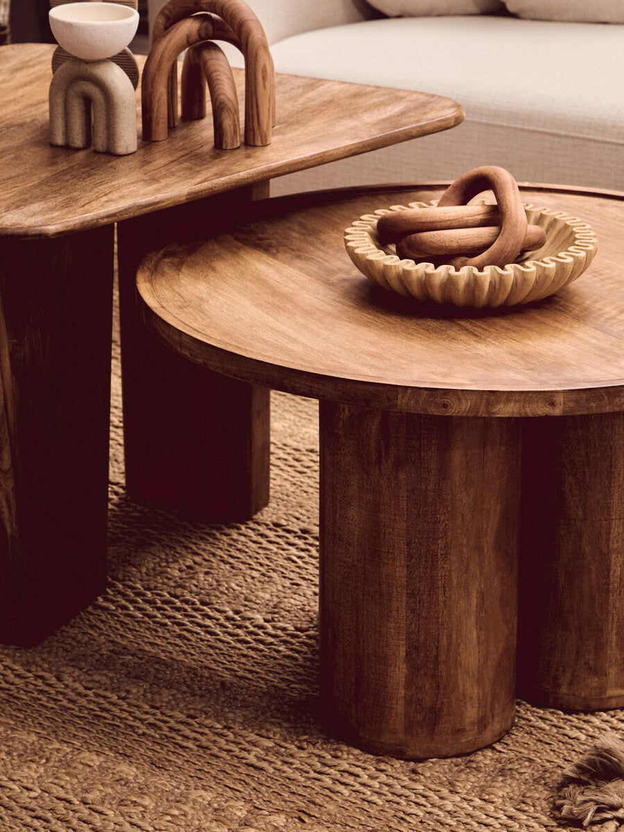Natural Mango Wood Coffee Table with Column Base and Rounded Top | Walsa