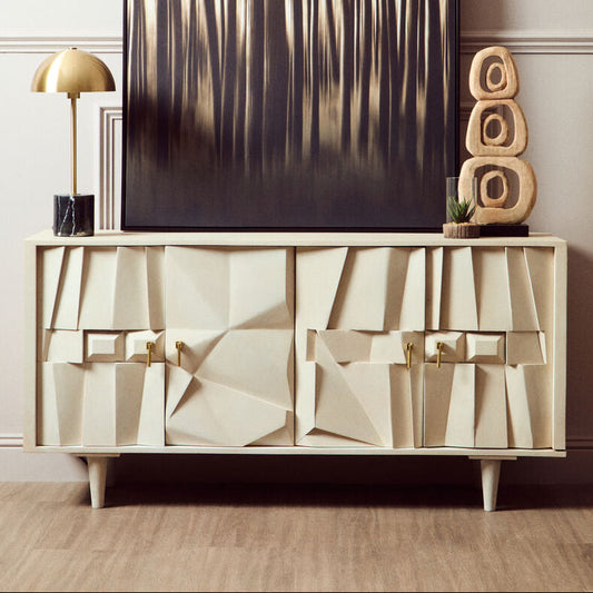 Whitewash Carved Mango Wood 4 Door Sideboard