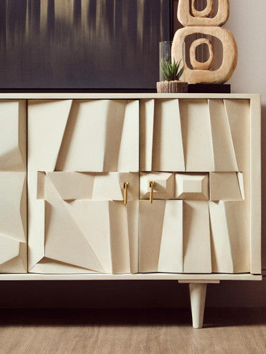 Sita Whitewash Carved Mango Wood 4 Door Sideboard